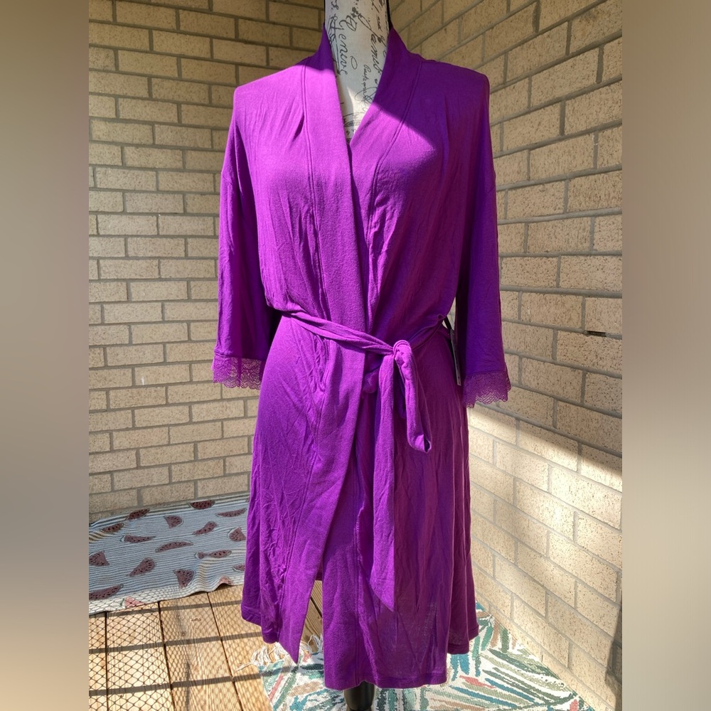 Ambrielle Cyber Purple Lace Trim Sleeve Robe Cozy Soft Light Robe With Waist Tie